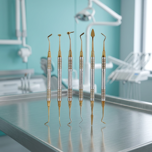 Juego de 6 piezas de raspadores dentales manuales ergonómicos de acero inoxidable con baño de oro para examen clínico - Precio mayorista - Product Image 2