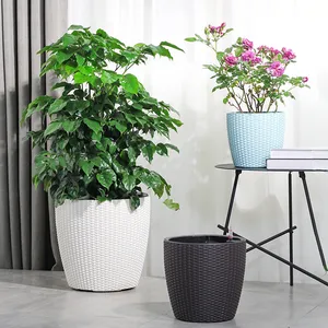 2022 New indoor round shape office living room use plastic lazy self watering planter PP flower pot herb