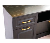 Station de Barbier Moderne de Luxe en Panneaux de Bois avec Coiffeuse Noire et Or Métallisé, Miroir Éclairé Inclus pour Usage Hôtelier