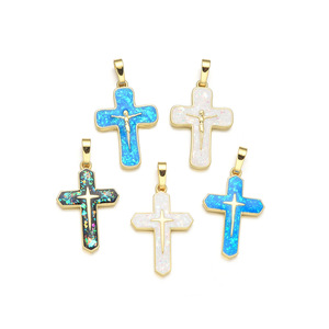 Kalung Liontin Salib Opal Berlapis Emas 18K HX0160 16x24mm, Cangkang Putih, Salib Krusifiks, Liontin Bintang untuk Perhiasan Religius - Product Image 1