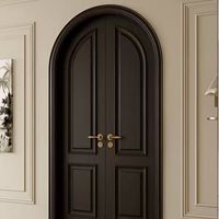Porte d'entrée en verre cintrée de style américain rétro marron avec structure en bois massif pour villa
