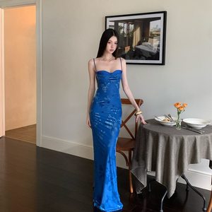 Abito in Velluto <span class=keywords><strong>Blu</strong></span> Royal da Donna, <span class=keywords><strong>Vestito</strong></span> Lungo <span class=keywords><strong>Aderente</strong></span> con Spalline Sottili, Abito Floreale <span class=keywords><strong>Aderente</strong></span> per Feste Notturne - Product Image 5