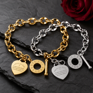 Bracelet en acier inoxydable à maillons épais avec breloque cœur, citation d'amour gravée, fermoir à bascule, or, argent, or rose, unisexe, inspirant - Product Image 3