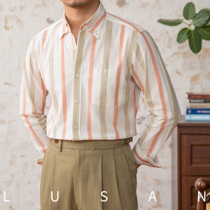 Trois minces rayures coton sergé 100% respirant <span class=keywords><strong>chemise</strong></span> à manches longues <span class=keywords><strong>bouton</strong></span> <span class=keywords><strong>caché</strong></span> col pointu Gentleman décontracté - Product Image 3