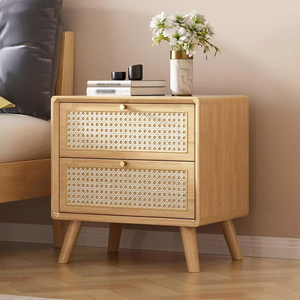 Mesa de <span class=keywords><strong>Noche</strong></span> Rústica de Madera con Cajón, Estilo Granja, con Ratán, para Dormitorio - Product Image 3
