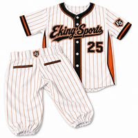 Ensemble de baseball en twill à rayures fines orange avec impression par sublimation, patchs appliqués personnalisés, short et chemise d'uniforme de baseball d'été