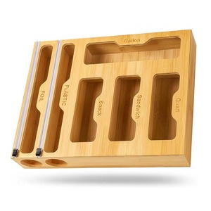 Bamboo plastic wrap <b>box</b> with cutter, pull-out <b>kitchen</b> <b>storage</b> container for plastic wrap, waste plastic bags, and dividers. - Product Image 2