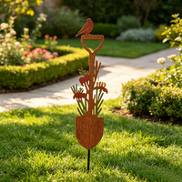 Nouveau piquet de jardin artistique en métal rouillé en forme de pelle avec fleur épanouie pour l'extérieur