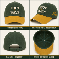 Casquette vert forêt non structurée en coton avec bord jaune moutarde, broderie en relief feuille de chêne et motif vague, pour l'extérieur