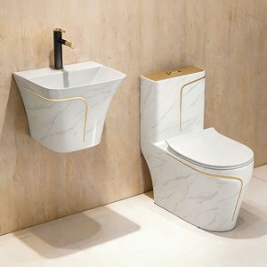 Inodoro de Cerámica de Lujo de Una Pieza, Color Blanco y Dorado, con Doble Descarga, Moderno, para Baño, Línea Dorada - Product Image 2