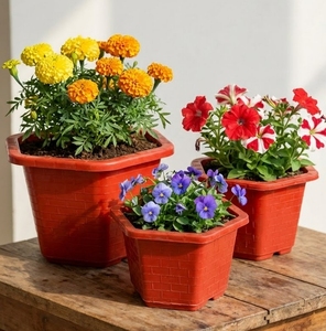 Pot de fleurs hexagonal en plastique, design texture brique, couleur rouge terre cuite, pour jardin, pépinière, maison, balcon, décoration, vente en gros, petite taille - Product Image 6