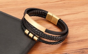 Pulsera de cuero genuino tejida a mano multicapa, joyería para hombre, pulsera de cuero con cierre magnético de acero inoxidable - Product Image 5