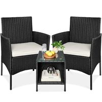 Ensemble bistrot 3 pièces en rotin PE, mobilier de conversation d'extérieur en osier avec coussins et table d'appoint à plateau en verre pour balcon, véranda, jardin