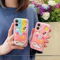 Coque de téléphone portable en silicone 3D licorne arc-en-ciel mignonne avec support rétractable et finition pulvérisée, compatible avec iPhone 16