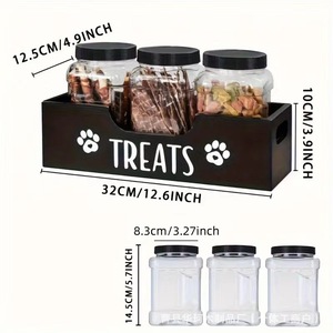 <b>Dog</b> <b>Treat</b> Storage Box With 3 Jars Wooden Desktop <b>Container</b> For Pet Food And Snacks Rectangular Handle Design Solid Color - Product Image 3