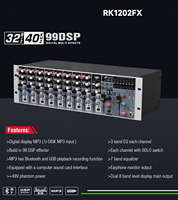 Console audio professionnelle double DSP 99 effets 12 canaux RK1202FX, mixeur analogique en rack, Bluetooth, affichage LED de niveau indépendant, entrée SPLIT