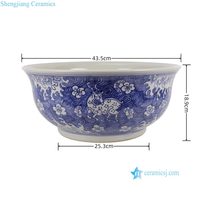 RZTN14-A Grand bol à bord évasé bleu et blanc avec motif d'eau de mer et de cerf, bol en porcelaine chinoise