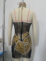 Robe moulante sexy géométrique dorée à bretelles, ornée de strass, en maille noire, pour scène, tenue de performance Rave Diva, micro-élastique