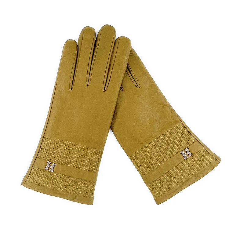 2024 Fashion Lady Winter Plain Warm Soft Yellow Leather Gloves