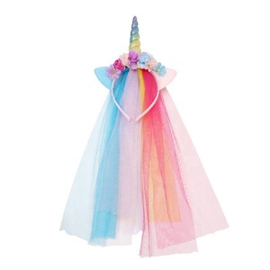 Bandeau en tissu <span class=keywords><strong>licorne</strong></span> Ychon avec crinière en tulle et fleurs, motif arc-en-ciel pour adultes et filles, décorations pour fêtes - Product Image 2