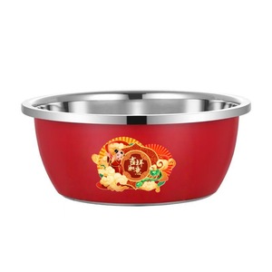 อ่างสแตนเลสทรงกลม เกรดอาหาร หนาพิเศษ สำหรับล้างผักในครัว ทำความสะอาดง่าย ดีไซน์จีน สีแดง - Product Image 2