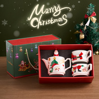 Service à thé de Noël en porcelaine plaqué or, un théière et deux tasses, idéal pour un cadeau de Noël