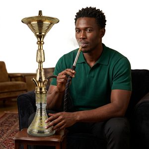 Cachimba Egipcia Auténtica Khalil Mamoon de 86 cm con Acabado Dorado, Núcleo de Latón Sólido y Bandeja Ancha - Product Image 3