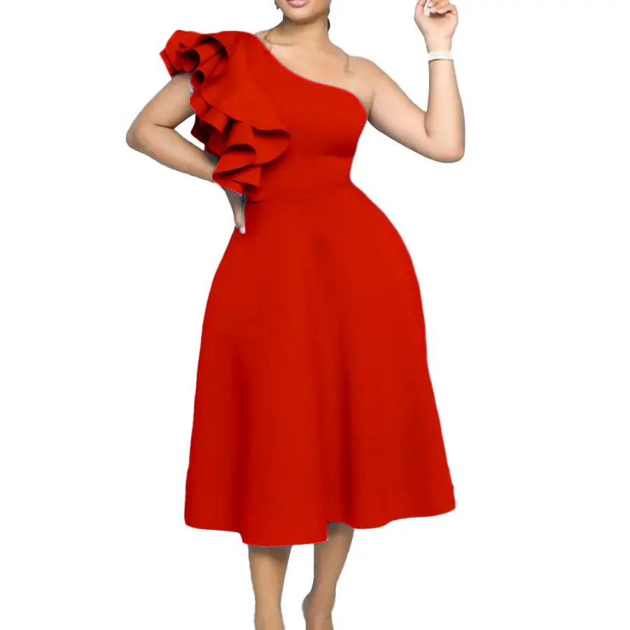 Women's Ceremonial Dress Ruffles Oblique Shoulder Banquet Dress Solid Color Evening Dress Plus Size