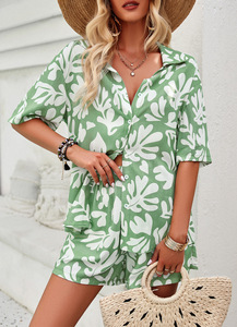 Conjunto de ropa de salón de 2 piezas con estampado informal <span class=keywords><strong>XS</strong></span> para <span class=keywords><strong>mujer</strong></span>, camisas de manga corta, pantalones cortos para primavera, verano, oficina en casa, adecuado al por mayor - Product Image 2