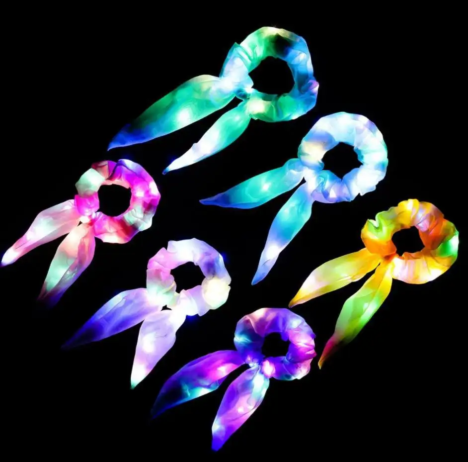 Frauen aufleuchtende Haarscheiben Scrunchies LED leuchtende Kaninchen-Hafenohr Scrunchie Pferdeschwanzhalter leuchtet im Dunkeln Neon-Partyzubehör