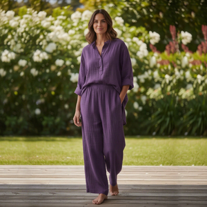 Ensemble de pyjama d'été pour femme en gaze de coton, écologique, respirant, doux, long, adorable, avec caraco et tenue d'intérieur - Product Image 1