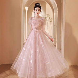 Pink Ball Gown Evening Dress Square Collar Empire Waist 3D Embellished For Weddings Banquets Birthday Parties - Product Image 1