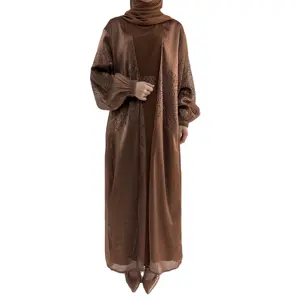 2024新款现代水钻粉扑袖abaya 2件套abaya套装迪拜闪亮开放和服和内abaya女性穆斯林连衣裙