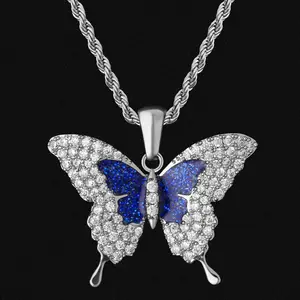 KRKC Blau Eis Aus CZ Silber Ulysses Schmetterling Halskette Anhänger Multi Farbe Iced Out Schmuck Gold Überzogene Schmetterling Anhänger