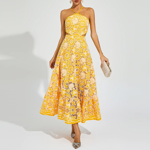 Abito personalizzato da donna estivo <span class=keywords><strong>giallo</strong></span> con taglio all'americana Maxi motivo floreale con decorazione in pizzo intrecciata - Product Image 5