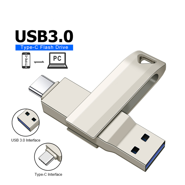 Custom LOGO 2-in-1 Metal Pendrive 32GB 64GB 128GB 256GB USB Stick 3.0 Memory Disk Type-C Interface Flash Chip OTG Style