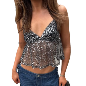 Spot New <b>Sequined</b> See-Through V-Neck Spaghetti Straps Sexy <b>Top</b> for Women Fashion - Product Image 1
