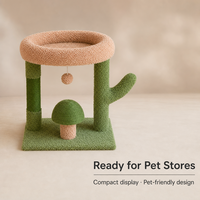 Arbre à chat moderne en forme de cactus avec structure en bois, griffoir en sisal et tour de repose en peluche pour chats d'intérieur (emballage carton)