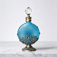 Botol Minyak Atsiri Kaca Vintage Berukir Bentuk Pipih Ungu Biru Gaya Dubai Mewah 30ml dengan Pipet Logam untuk Parfum