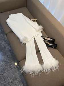 Elegante design Feathers Cuff Lady Office Basic Solid Suit aderente Blazer dentellato pantaloni svasati <span class=keywords><strong>donna</strong></span> Patchwork di <span class=keywords><strong>raso</strong></span> 2 pezzi - Product Image 3