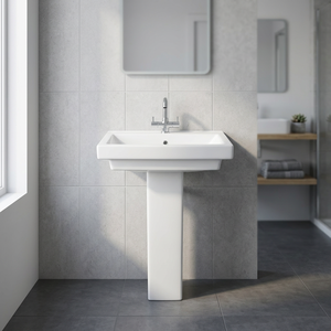 Lavabo sur pied en céramique de style granit carré européen moderne, design de créateur, pour salle de bain de centre commercial ou de villa - Product Image 1