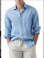 Chemises boutonnées à manches longues en coton et lin uni pour hommes avec impression numérique sur la poche avant pour la détente