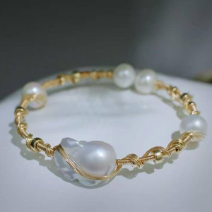 Handmade Wire Wrapped Baroque Pearl Bangle, USA Imported 14K <b>Gold</b> Filled Fittings, Natural Freshwater Baroque Pearl <b>Bracelet</b> - Product Image 1