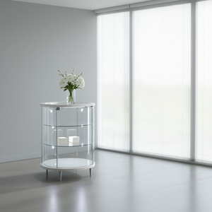 ตู้โชว์กระจกทรงกลมทันสมัย กว้าง 75 ซม. สูง 95 ซม. สีขาวเงา พร้อมประตูบานพับล็อคได้ และไฟ LED - Product Image 3