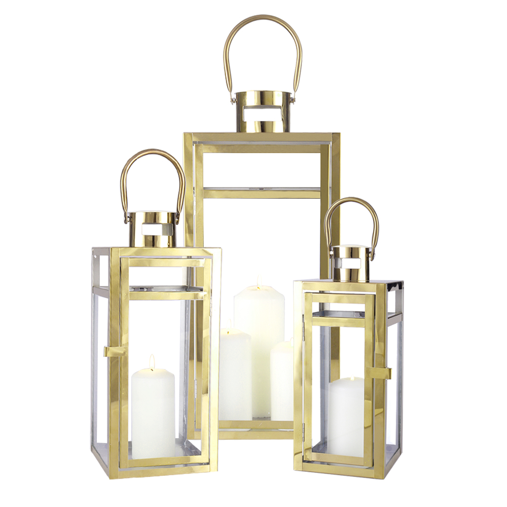 Set of 3 Gold Stainless Steel Metal Outdoor Floor Hanging Lantern Candle Lantern Square Candle Holder for Wedding Aisle Decor