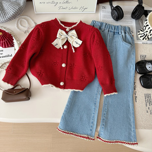 2025 primavera nuova ragazza 2 pezzi vestito rosso a maglia Cardigan moda Denim <span class=keywords><strong>pantaloni</strong></span> e vestito per le ragazze - Product Image 6