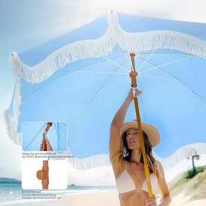 Parasol de patio bohème à franges avec motif bois, bouton d'inclinaison et protection UV, imperméable pour jardin/plage/terrasse - Product Image 3