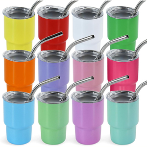 Mini-gobelet en acier inoxydable thermolaqué de 3 oz avec couvercle et paille, 48 pièces/boîte, couleurs assorties, gravure laser, sans BPA, écologique, idéal comme cadeau - Product Image 1