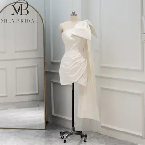 Mily gelin QD06332 dolu inciler bir omuz dökümlü büyük yay pelerin yan fermuar Mini kısa gelin düğün elbisesi
