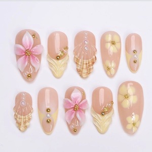 Lot de 24 faux <span class=keywords><strong>ongles</strong></span> Y2K en amande, <span class=keywords><strong>bleu</strong></span> noir métallisé, fleurs 3D, perles, en ABS, faits à la main, pour festivals et soirées - Product Image 5